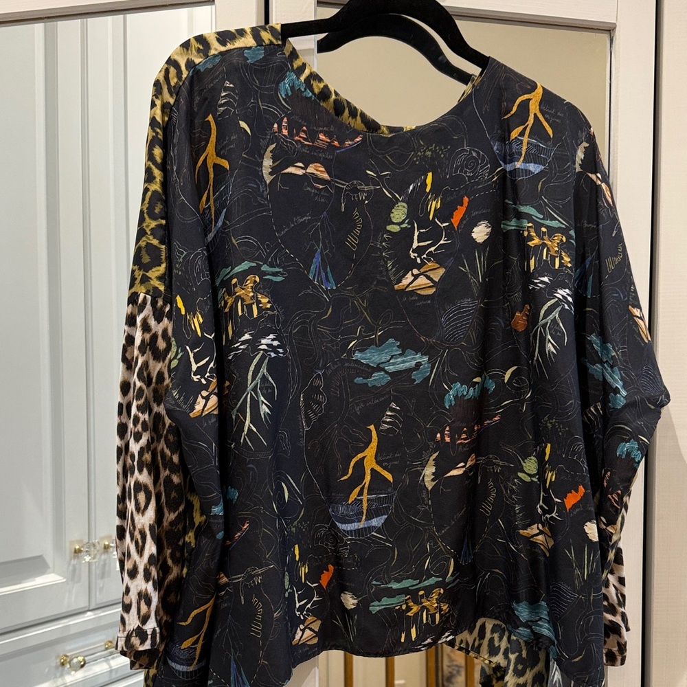 Black Printed Mixed-Pattern Blouse with Leopard A… - image 1